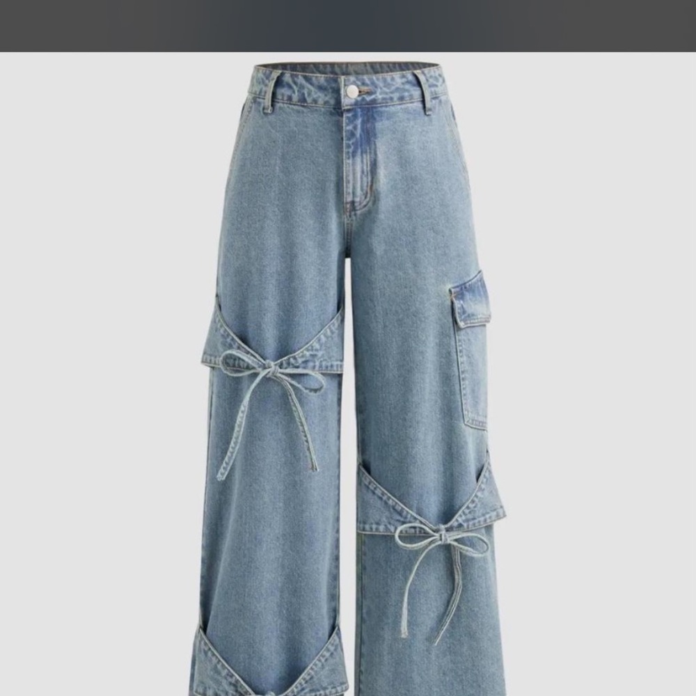 Cider Light Blue Tie-Detail Wide Leg Jeans